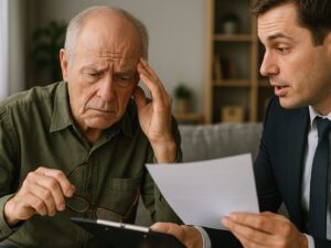 elderly man in green investor fraud case inside home sad brown and black