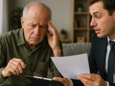elderly man in green investor fraud case inside home sad brown and black